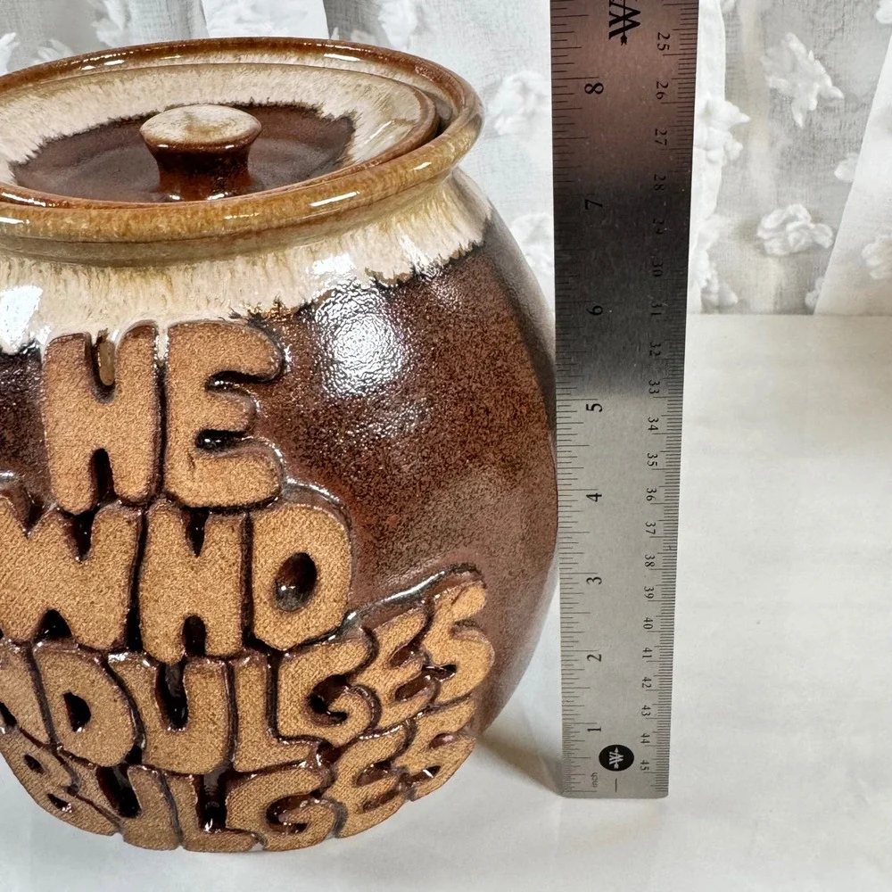 Vintage Brown Drip Glaze Cookie Jar He Who Indulges Bulges 70s‎ Kitschy